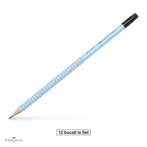 Instrumente de scris - Set 12 creioane grafit cu guma Faber-Castell Grip 2001 Bleu Sky, mina B, forma ergonomica triunghiulara