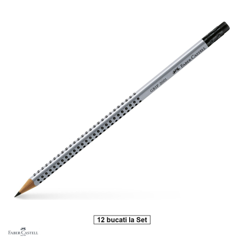 Instrumente de scris - Set 12 creioane grafit cu guma Faber-Castell Grip 2001, mina B, forma triunghiulara ergonomica