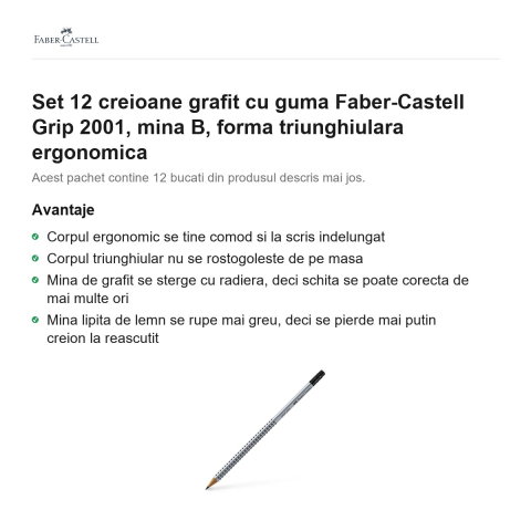 Set 12 creioane grafit cu guma Faber-Castell Grip 2001, mina B, forma triunghiulara ergonomica [1]