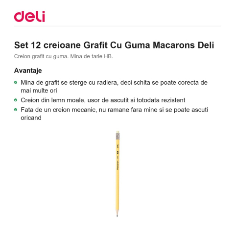 Set 12 creioane Grafit Cu Guma Macarons Deli [1]