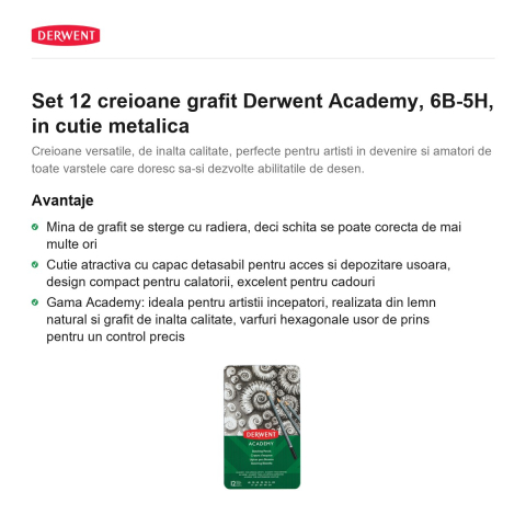 Set 12 creioane grafit Derwent Academy, 6B-5H, in cutie metalica [1]