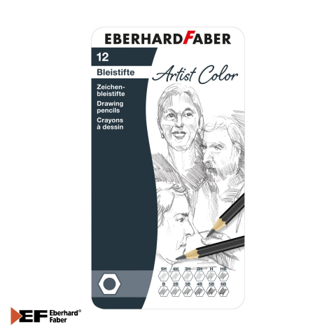 Creioane si ascutitori - Set 12 creioane grafit Eberhard Faber, duritati multiple (5H-6B), cutie metalica, pentru desen si schite