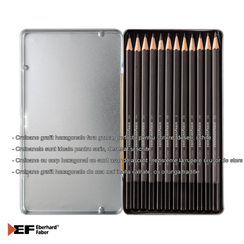 Set 12 creioane grafit Eberhard Faber, duritati multiple (5H-6B), cutie metalica, pentru desen si schite [1]
