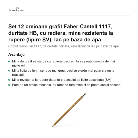Set 12 creioane grafit Faber-Castell 1117, duritate HB, cu radiera, mina rezistenta la rupere (lipire SV), lac pe baza de apa [1]