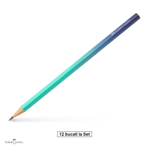 Instrumente de scris - Set 12 creioane grafit Faber-Castell Flow, duritate B, forma triunghiulara ergonomica, albastru-turcoaz
