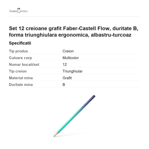 Set 12 creioane grafit Faber-Castell Flow, duritate B, forma triunghiulara ergonomica, albastru-turcoaz [2]