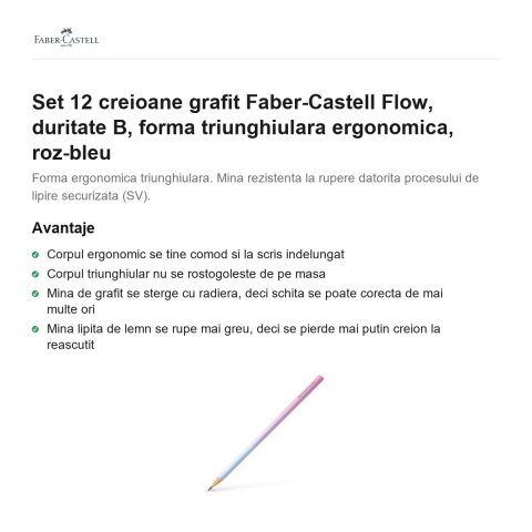Set 12 creioane grafit Faber-Castell Flow, duritate B, forma triunghiulara ergonomica, roz-bleu [1]