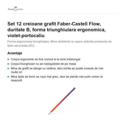 Set 12 creioane grafit Faber-Castell Flow, duritate B, forma triunghiulara ergonomica, violet-portocaliu [1]