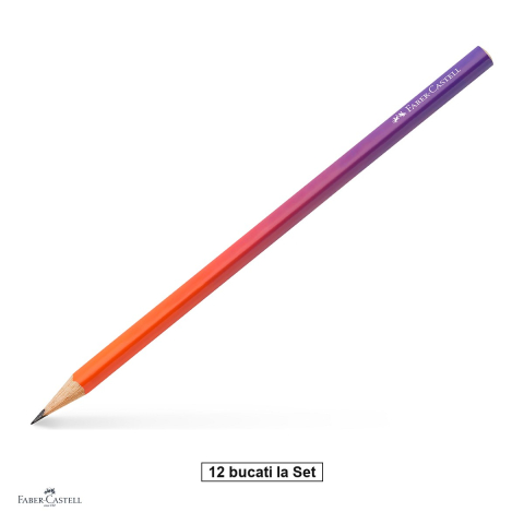 Instrumente de scris - Set 12 creioane grafit Faber-Castell Flow, duritate B, forma triunghiulara ergonomica, violet-portocaliu