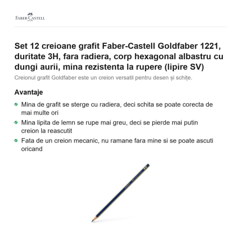 Set 12 creioane grafit Faber-Castell Goldfaber 1221, duritate 3H, fara radiera, corp hexagonal albastru cu dungi aurii, mina rezistenta la rupere (lipire SV) [1]