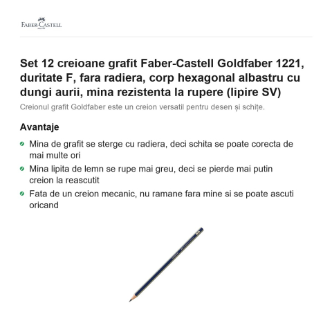Set 12 creioane grafit Faber-Castell Goldfaber 1221, duritate F, fara radiera, corp hexagonal albastru cu dungi aurii, mina rezistenta la rupere (lipire SV) [1]