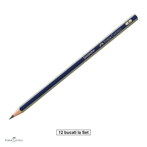 Set 12 creioane grafit Faber-Castell Goldfaber 1221, duritate F, fara radiera, corp hexagonal albastru cu dungi aurii, mina rezistenta la rupere (lipire SV) [0]