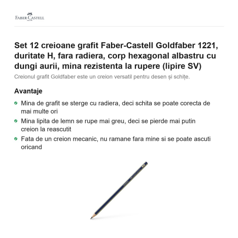 Set 12 creioane grafit Faber-Castell Goldfaber 1221, duritate H, fara radiera, corp hexagonal albastru cu dungi aurii, mina rezistenta la rupere (lipire SV) [1]