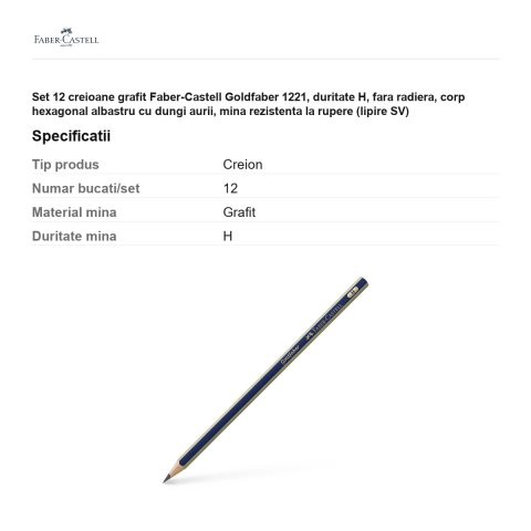 Set 12 creioane grafit Faber-Castell Goldfaber 1221, duritate H, fara radiera, corp hexagonal albastru cu dungi aurii, mina rezistenta la rupere (lipire SV) [2]