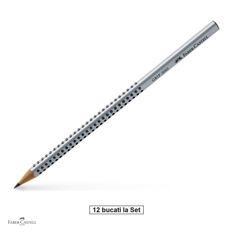 Instrumente de scris - Set 12 creioane grafit Faber-Castell Grip 2001, duritate 2B, forma triunghiulara ergonomica, zona Grip antiderapanta, mina rezistenta la rupere (lipire SV), lac pe baza de apa, argintiu