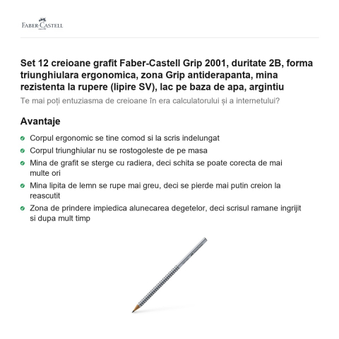 Set 12 creioane grafit Faber-Castell Grip 2001, duritate 2B, forma triunghiulara ergonomica, zona Grip antiderapanta, mina rezistenta la rupere (lipire SV), lac pe baza de apa, argintiu [1]