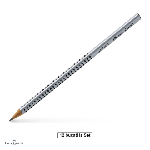 Instrumente de scris - Set 12 creioane grafit Faber-Castell Grip 2001, duritate 2H, forma triunghiulara ergonomica, zona Grip antiderapanta, mina rezistenta la rupere (lipire SV), lac pe baza de apa, argintiu