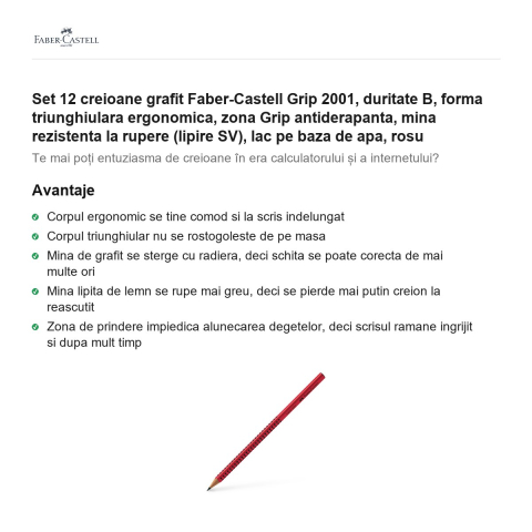 Set 12 creioane grafit Faber-Castell Grip 2001, duritate B, forma triunghiulara ergonomica, zona Grip antiderapanta, mina rezistenta la rupere (lipire SV), lac pe baza de apa, rosu [1]