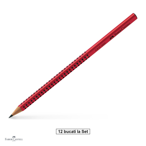 Instrumente de scris - Set 12 creioane grafit Faber-Castell Grip 2001, duritate B, forma triunghiulara ergonomica, zona Grip antiderapanta, mina rezistenta la rupere (lipire SV), lac pe baza de apa, rosu