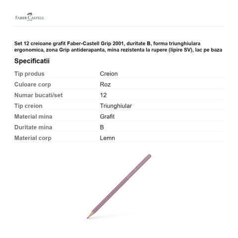 Set 12 creioane grafit Faber-Castell Grip 2001, duritate B, forma triunghiulara ergonomica, zona Grip antiderapanta, mina rezistenta la rupere (lipire SV), lac pe baza de apa, rose shadows [2]