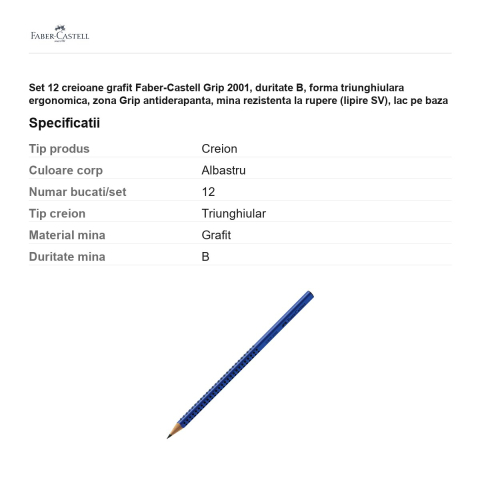 Set 12 creioane grafit Faber-Castell Grip 2001, duritate B, forma triunghiulara ergonomica, zona Grip antiderapanta, mina rezistenta la rupere (lipire SV), lac pe baza de apa, albastru [2]