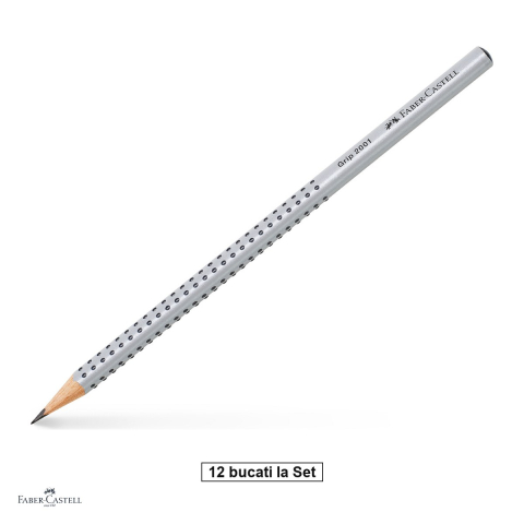 Instrumente de scris - Set 12 creioane grafit Faber-Castell Grip 2001, duritate HB, forma triunghiulara ergonomica, zona Grip antiderapanta, mina rezistenta la rupere (lipire SV), lac pe baza de apa, argintiu