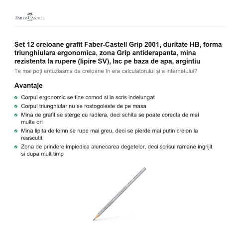 Set 12 creioane grafit Faber-Castell Grip 2001, duritate HB, forma triunghiulara ergonomica, zona Grip antiderapanta, mina rezistenta la rupere (lipire SV), lac pe baza de apa, argintiu [1]