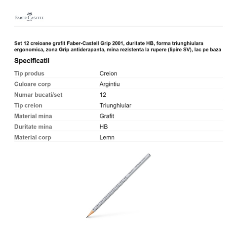 Set 12 creioane grafit Faber-Castell Grip 2001, duritate HB, forma triunghiulara ergonomica, zona Grip antiderapanta, mina rezistenta la rupere (lipire SV), lac pe baza de apa, argintiu [2]