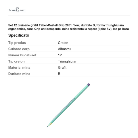 Set 12 creioane grafit Faber-Castell Grip 2001 Flow, duritate B, forma triunghiulara ergonomica, zona Grip antiderapanta, mina rezistenta la rupere (lipire SV), lac pe baza de apa, Buzzing Blue [2]