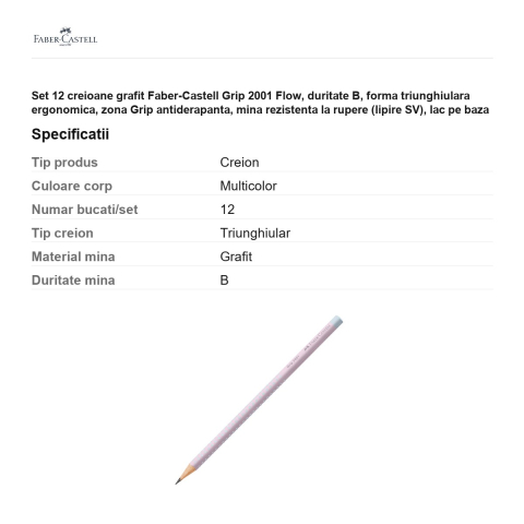 Set 12 creioane grafit Faber-Castell Grip 2001 Flow, duritate B, forma triunghiulara ergonomica, zona Grip antiderapanta, mina rezistenta la rupere (lipire SV), lac pe baza de apa, Blushing Sky [2]