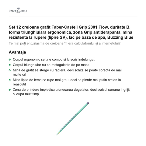 Set 12 creioane grafit Faber-Castell Grip 2001 Flow, duritate B, forma triunghiulara ergonomica, zona Grip antiderapanta, mina rezistenta la rupere (lipire SV), lac pe baza de apa, Buzzing Blue [1]