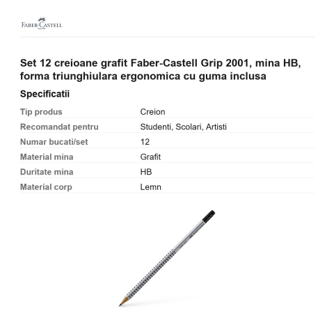 Set 12 creioane grafit Faber-Castell Grip 2001, mina HB, forma triunghiulara ergonomica cu guma inclusa [2]