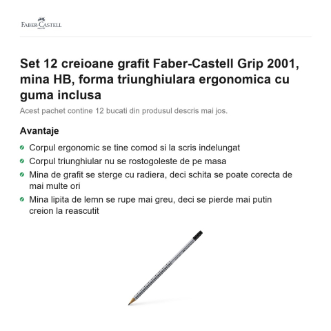 Set 12 creioane grafit Faber-Castell Grip 2001, mina HB, forma triunghiulara ergonomica cu guma inclusa [1]