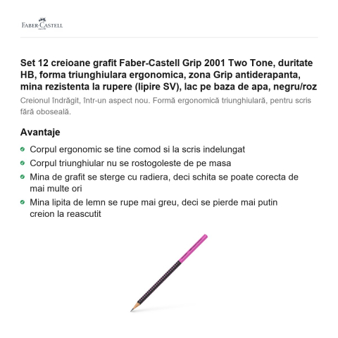 Set 12 creioane grafit Faber-Castell Grip 2001 Two Tone, duritate HB, forma triunghiulara ergonomica, zona Grip antiderapanta, mina rezistenta la rupere (lipire SV), lac pe baza de apa, negru/roz [1]