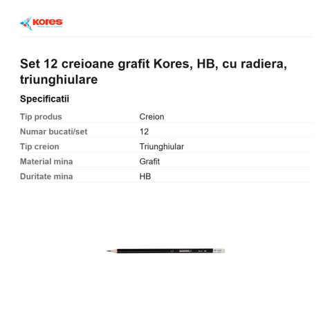 Set 12 creioane grafit Kores, HB, cu radiera, triunghiulare [2]