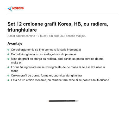 Set 12 creioane grafit Kores, HB, cu radiera, triunghiulare [1]