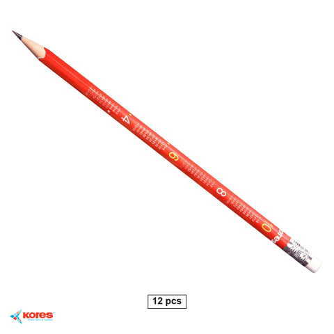 Creioane si ascutitori - Set 12 creioane grafit Kores, HB, cu radiera, triunghiulare, cu tabla inmultirii