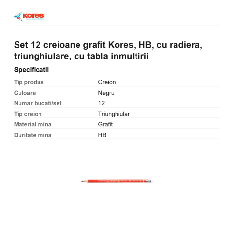 Set 12 creioane grafit Kores, HB, cu radiera, triunghiulare, cu tabla inmultirii [2]