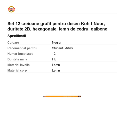 Set 12 creioane grafit pentru desen Koh-I-Noor, duritate 2B, hexagonale, lemn de cedru, galbene [2]