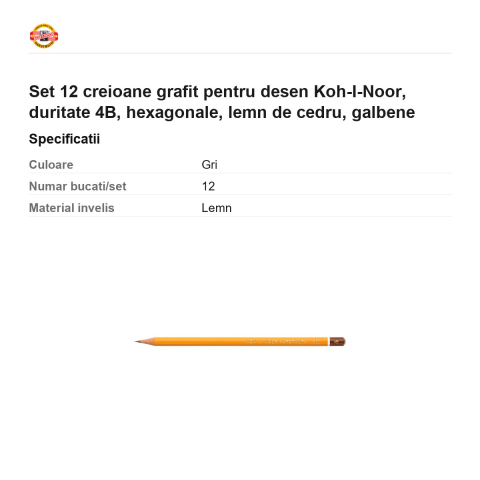 Set 12 creioane grafit pentru desen Koh-I-Noor, duritate 4B, hexagonale, lemn de cedru, galbene [2]