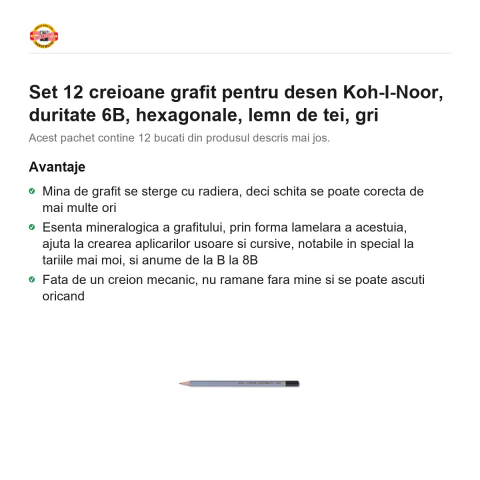 Set 12 creioane grafit pentru desen Koh-I-Noor, duritate 6B, hexagonale, lemn de tei, gri [1]