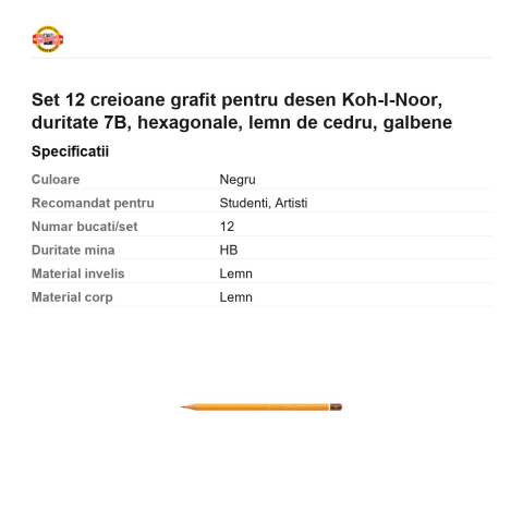 Set 12 creioane grafit pentru desen Koh-I-Noor, duritate 7B, hexagonale, lemn de cedru, galbene [2]