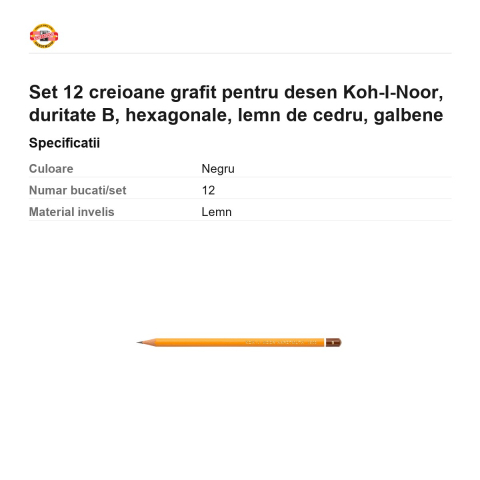 Set 12 creioane grafit pentru desen Koh-I-Noor, duritate B, hexagonale, lemn de cedru, galbene [2]