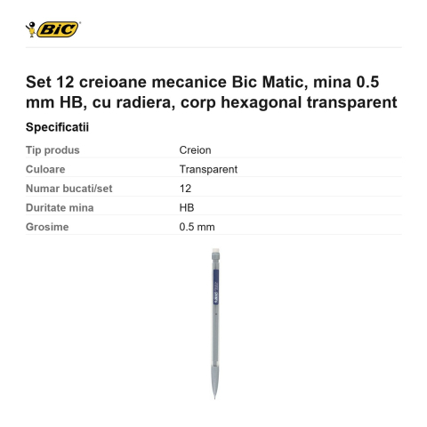 Set 12 creioane mecanice Bic Matic, mina 0.5 mm HB, cu radiera, corp hexagonal transparent [2]
