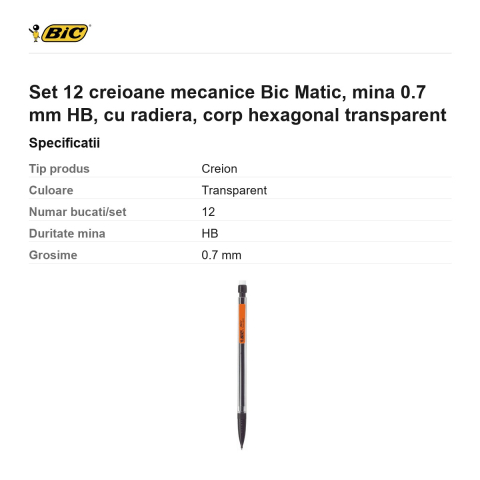 Set 12 creioane mecanice Bic Matic, mina 0.7 mm HB, cu radiera, corp hexagonal transparent [2]
