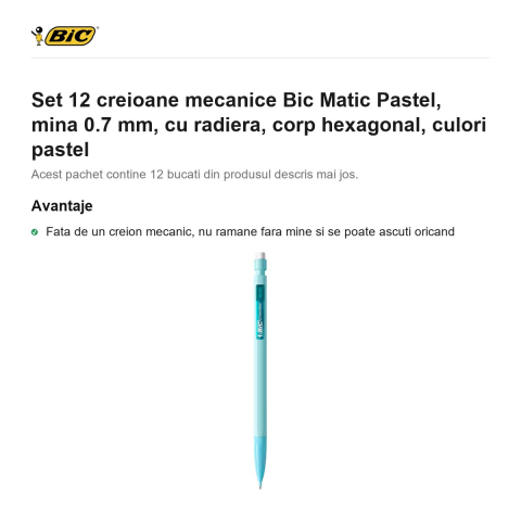 Set 12 creioane mecanice Bic Matic Pastel, mina 0.7 mm, cu radiera, corp hexagonal, culori pastel [1]