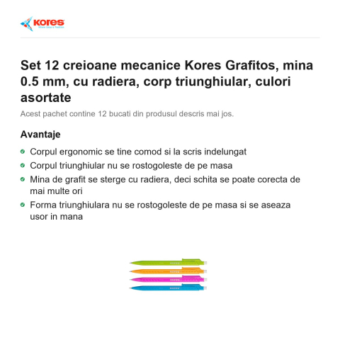 Set 12 creioane mecanice Kores Grafitos, mina 0.5 mm, cu radiera, corp triunghiular, culori asortate [1]