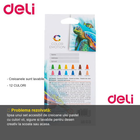 Set 12 creioane ulei pastel Deli Color Emotion, culori stralucitoare, lavabile, pentru desen si arta [1]