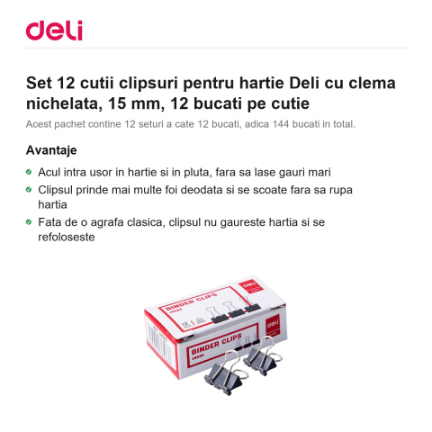 Set 12 cutii clipsuri pentru hartie Deli cu clema nichelata, 15 mm, 12 bucati pe cutie [1]