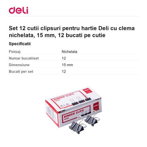Set 12 cutii clipsuri pentru hartie Deli cu clema nichelata, 15 mm, 12 bucati pe cutie [2]